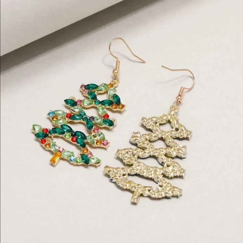 Holiday Crystal Rhinestone Christmas Tree Chandelier Drop Earrings
